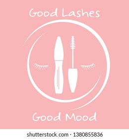 Vector illustration with eyelashes, mascara. Decorative cosmetics, makeup background. Glamour fashion vogue style. Design for banner, poster or print.
