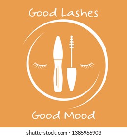 Vector illustration with eyelashes, mascara. Decorative cosmetics, makeup background. Glamour fashion vogue style. Design for banner, poster or print.