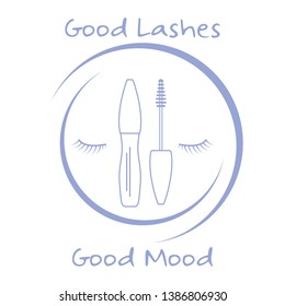 Vector illustration with eyelashes, mascara. Decorative cosmetics, makeup background. Glamour fashion vogue style. Design for banner, poster or print.