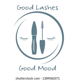 Vector illustration with eyelashes, mascara. Decorative cosmetics, makeup background. Glamour fashion vogue style. Design for banner, poster or print.