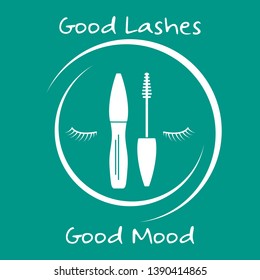 Vector illustration with eyelashes, mascara. Decorative cosmetics, makeup background. Glamour fashion vogue style. Design for banner, poster or print.