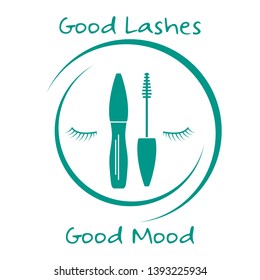 Vector illustration with eyelashes, mascara. Decorative cosmetics, makeup background. Glamour fashion vogue style. Design for banner, poster or print.