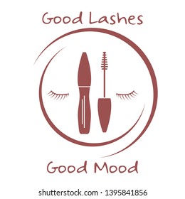 Vector illustration with eyelashes, mascara. Decorative cosmetics, makeup background. Glamour fashion vogue style. Design for banner, poster or print.