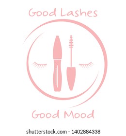 Vector illustration with eyelashes, mascara. Decorative cosmetics, makeup background. Glamour fashion vogue style. Design for banner, poster or print.