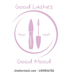 Vector illustration with eyelashes, mascara. Decorative cosmetics, makeup background. Glamour fashion vogue style. Design for banner, poster or print.