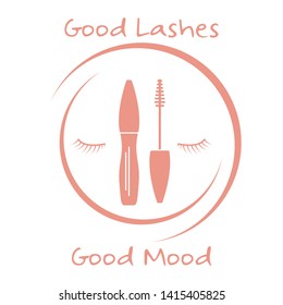 Vector illustration with eyelashes, mascara. Decorative cosmetics, makeup background. Glamour fashion vogue style. Design for banner, poster or print.