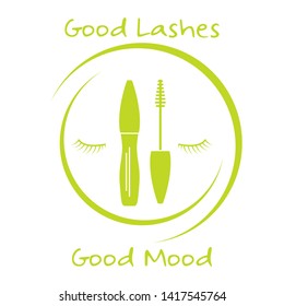 Vector illustration with eyelashes, mascara. Decorative cosmetics, makeup background. Glamour fashion vogue style. Design for banner, poster or print.