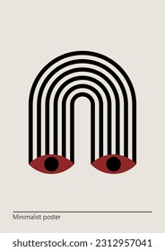 Vector illustration with eyes and arcs. Artwork, minimalist poster design in red and black colors. abstract wall art.