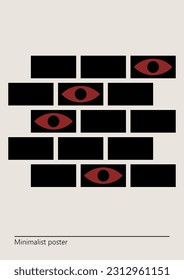 Vector illustration with eyes and brickwork. Artwork, minimalist poster design in red and black colors. abstract wall art. The walls have eyes.