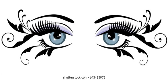vector illustration of eyes with long lashes and swirls.