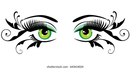 vector illustration of eyes with long lashes and swirls.