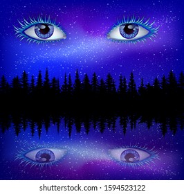 Vector illustration eyes in the sky starry night mystic watching aliens