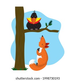 vector illustration of fable crow and fox