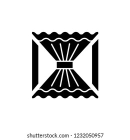 Vector illustration of fabric curtain with central drapery.  Flat icon of cafe style blinds . Window decoration. Isolated object on white background