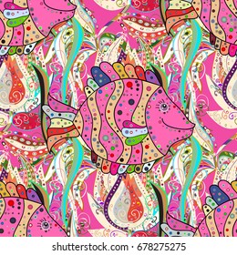 Vector illustration. Fabric design. Vector decorative endless marine background. Seamless pattern with hand drawn funny fishes in sketch style. Ocean fish on colored background.