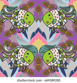 Vector illustration. Fabric design. Seamless pattern with hand drawn funny fishes in sketch style. Ocean fish on colored background. Vector decorative endless marine background.
