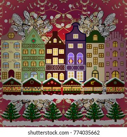 Vector illustration. Fabric print. Winter nature landscape. Fir-trees. Winter city with trees, cute houses, sun.