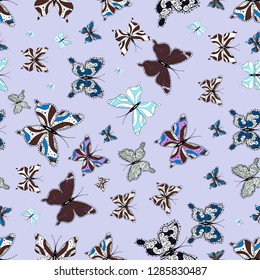 Vector illustration. Illustration for fabric, textile, print and invitation. Seamless. Night cute butterflies on brown, neutral and white abstract background.