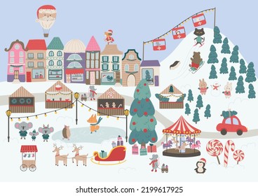 Vector Illustration Of A Fabulous Christmas Town. Christmas Fair On Town Square, Street Markets,ski Resort And Cute Animals With Winter Activities