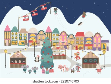 Vector Illustration Of A Fabulous Christmas Town. Christmas Fair On Town Square, Street Markets,ski Resort And Cute Animals With Winter Activities