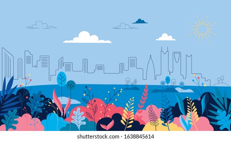 vector illustration of a fabulous city against the backdrop of the sea sky and fabulous plants, blue pink, lines, sunny day