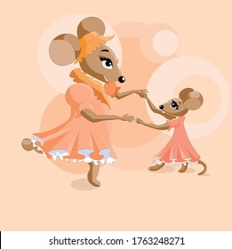 vector illustration of fabulous dancing mice, mom and daughter