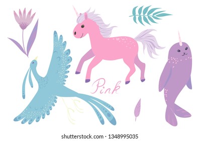 Vector illustration of fabulous fantastic invented animals and birds with fabulous plants around. Unicorn, fabulous pony, firebird, narwhal, painted in nice cartoon colors.