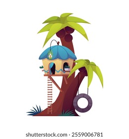 Vector illustration of a fabulous house on a green palm tree with coconuts on a white background. Tree house with windows, rope ladder, rubber tire swing