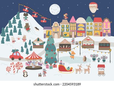 Vector illustration of a fabulous night Christmas town. Christmas market in town square, street markets, ski resort and cute animals with winter activities
