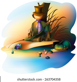 Vector illustration with a fabulous romantic story which depicts a sleepy fisherman, sunset, and curious, funny fish. 