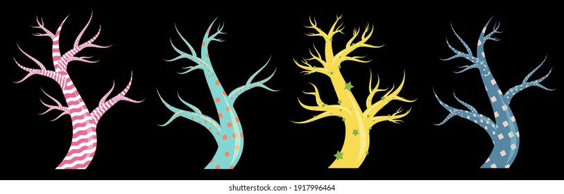 Vector illustration. Fabulous trees. All elements are on separate layers. Decorative branchy trees for the covers of fairy books. Unusual trunks and branches that can be modified to suit your design.