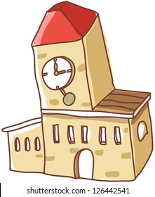 A vector illustration of facade of a building with clock tower
