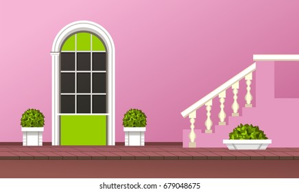 Vector illustration of the facade of the building front door of the gardening