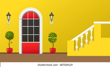 Vector illustration of the facade of the building front door of the gardening