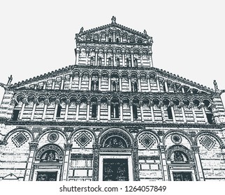 Vector illustration of the facade of the Cathedral of Pisa in the Square of Miracles, Tuscany, Italy