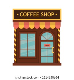 Ilustración vectorial de una fachada de una cafetería. Dibujo plano de una cafetería aislada en un fondo blanco.