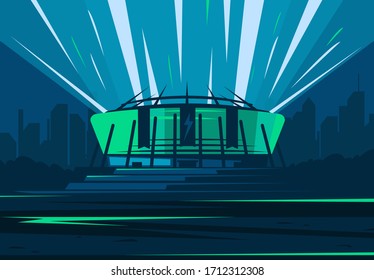 Vector illustration of the facade of a football stadium in the dark, against the background of the city silhouette