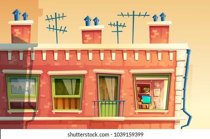 Vector illustration of facade multi-storey apartment, home outside concept, roof of the building with tv antennas. Architecture in cartoon style. Advertising, promotion background.