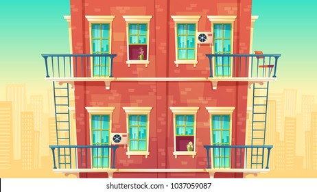 Vector illustration of facade residential multi-storey apartment, house outside concept, private building with fire escapes. Architecture in cartoon style. Advertising, promotion background.