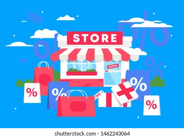 Vector illustration of the facade of the store, with shopping packages, discounts in the store