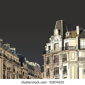 Imagen vectorial de fachadas en París en un tiempo tormentoso