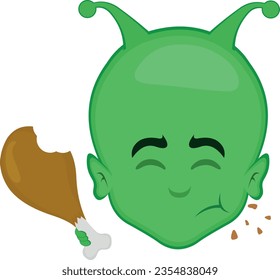 vector illustration face alien alien cartoo, eating a chicken leg