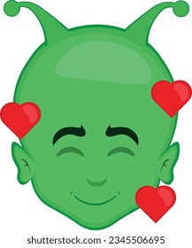 vector illustration face alien extraterrestrial cartoon, in love surrounded by hearts