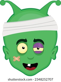 vector illustration face alien extraterrestrial cartoon, injured with bandages on his head, a black eye, a single tooth