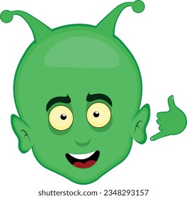 vector illustration face alien extraterrestrial cartoon, happy, making a call me by phone or shake gesture with his hand