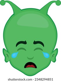 vector illustration face alien extraterrestrial cartoon, with a sad expression, crying and tears falling from the eyes