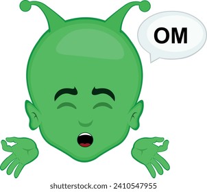 vector illustration face alien or extraterrestrial cartoon meditating with a speech bubble with the text OM