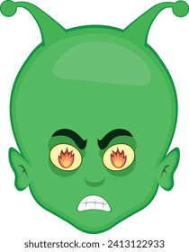 vector illustration face alien or extraterrestrial cartoon angry expression with flames fire in his eyes
