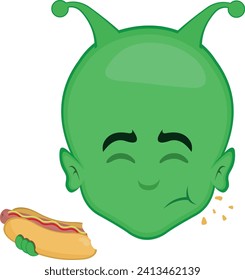 vector illustration face alien or extraterrestrial cartoon eating a hot dog