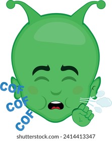 vector illustration face alien or extraterrestrial cartoon coughing with hand in your mouth and the text cof cof